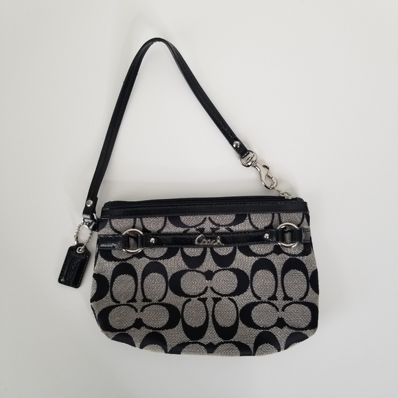 Coach Signature Logo Canvas Black/Grey Wristlet Purse Clutch - Picture 10 of 11